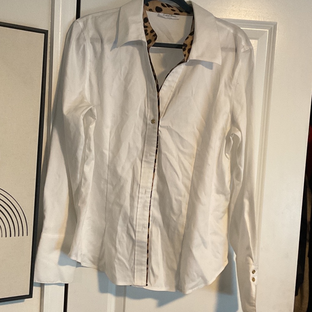 Calvin Klein White Dress Shirt with Leopard Accents
